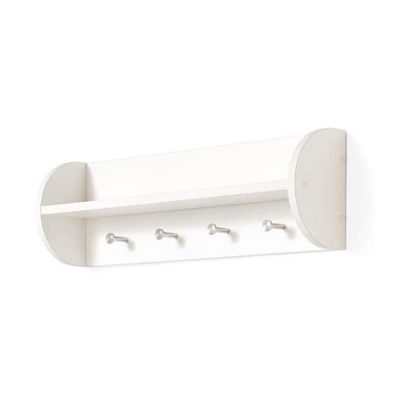 DANYA B 25 in. x 8 in. White Utility Shelf with Four Large Stainless Steel Hooks