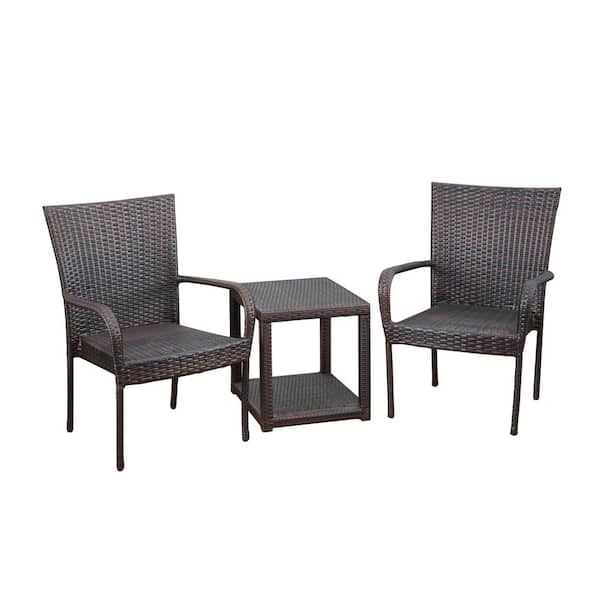 Noble House Hammond Multi-Brown 3-Piece Faux Rattan Patio Conversation Seating Set