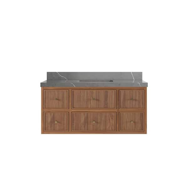 Willow Collections Sonoma Floating 48 in. W x 22 in. D x 36 in. H Single Sink Bath Vanity in Dark Natural with 2" Piatra Gray Qt. Top