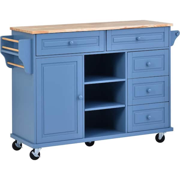 grossag Blue Wood 52.8 in. Kitchen Island 5-Drawers Open Adjustable Shelf, 5 Wheels, Spice Rack, Towel Rack