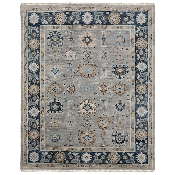 Majestic Gray/Blue 8 ft. x 10 ft. Distressed Oriental Floral Hand-Knotted Wool Fringed-Edge Indoor Area Rug
