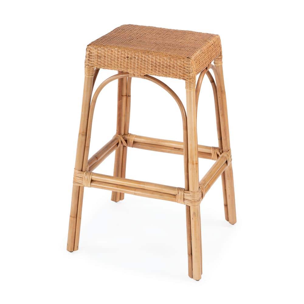 Natural Rattan and Wood Backless Bar Stool, 30" Height