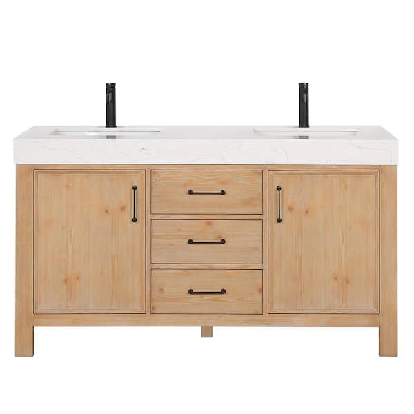 ROSWELL León 60 in.W x 22 in.D x 34 in.H Double Sink Bath Vanity in Fir Wood Brown with White Composite Stone Top