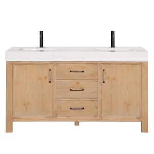 León 60 in.W x 22 in.D x 34 in.H Double Sink Bath Vanity in Fir Wood Brown with White Composite Stone Top