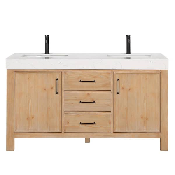 León 60 in.W x 22 in.D x 34 in.H Double Sink Bath Vanity in Fir Wood Brown with White Composite Stone Top