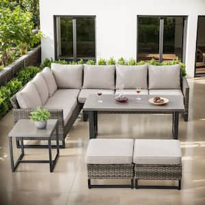 U-Series 7-Piece Outdoor Gray Wicker Sofa PE Rattan Wicker Patio Conversation Set with Cushion Guard Cushions (Beige)