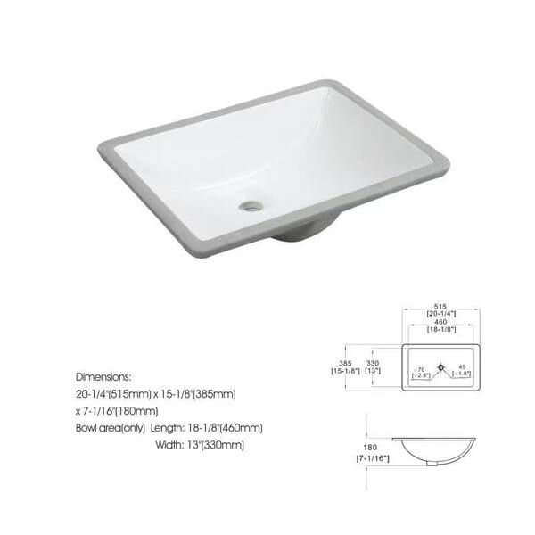 Boyel Living 21 in. x 13 in. Ceramic Rectangular Lavatory Undercounter Bathroom Sink in White