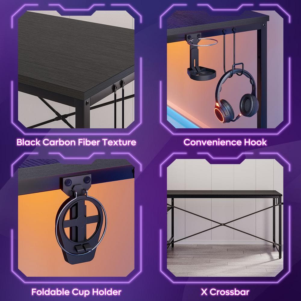 Bestier 61 Inch Black Grained Gaming Desk with Shelves