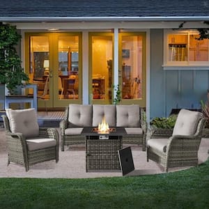 4-Piece Gray Wicker Fire Pit Conversation Set with Olefin Gray Cushions and Curved Arm Couch