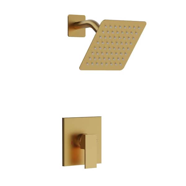 Square 1-Handle 1-Spray 6 in. Wall Mount Tub and Shower Faucet with High Pressure 2.5 GPM in Brushed Gold Valve Included
