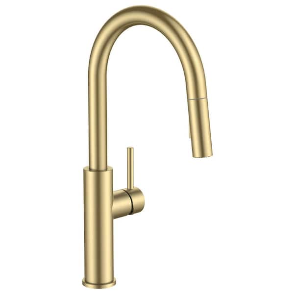 Gooseneck Single Handle Pull Down Sprayer Kitchen Faucet with Deckplate and Flexible Hose Pull Out Spout in Gold