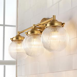 Roxanne 24.4 in. W 3-Light Brass Gold Modern Ribbed Glass Globe Bubble Bathroom Vanity Light over Mirror