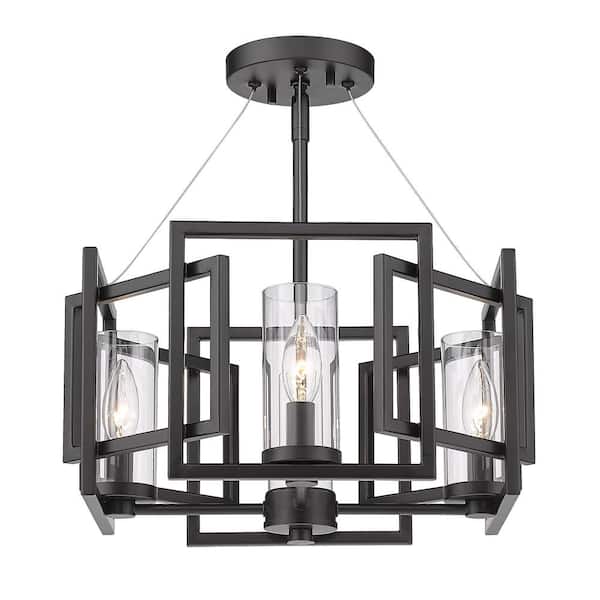 Golden Lighting Marco 16.0 in. 4-Light Matte Black Clear Glass Semi-Flush Mount