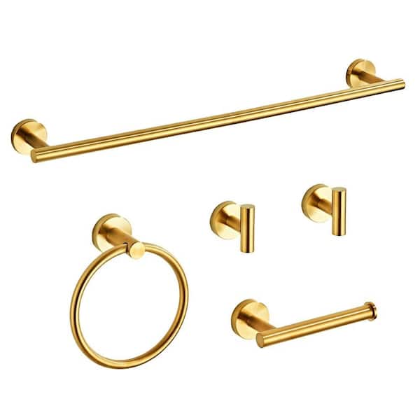 5-Piece Stainless Steel Bathroom Hardware Set with Towel Racks for Bathroom, 24 in. Wall Mounted Towel Bar Kit, Gold