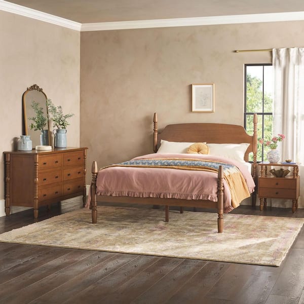 Walker Edison Furniture Company Modern Easy Assembly 3-Piece Solid Wood Dark Brown 2-drawer Nightstand and 6-drawer Dresser with Queen Bed Bedroom Set