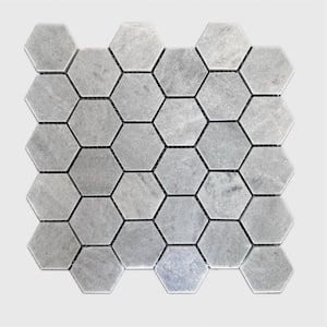 12 in. x 12 in. Silver Grey Hexagon Marble Mosaic Tile Chip 2 in. (5 sq. ft./case)