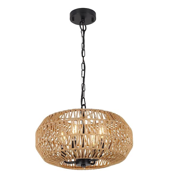 Lasaideal Boho 16 in. 4-Light Beige Rattan Pendant Light Chandelier