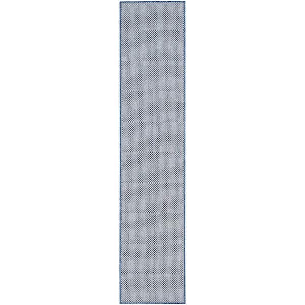 Nourison Courtyard Ivory Blue 2 ft. x 8 ft. Solid Geometric Contemporary Runner Indoor/Outdoor Area Rug