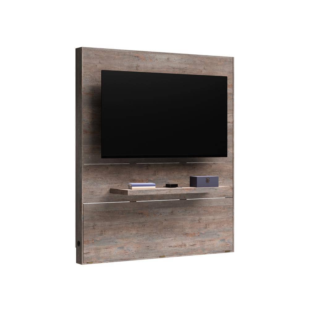 Weathered Wood Entertainment Wall with Floating Shelf and LED Lights