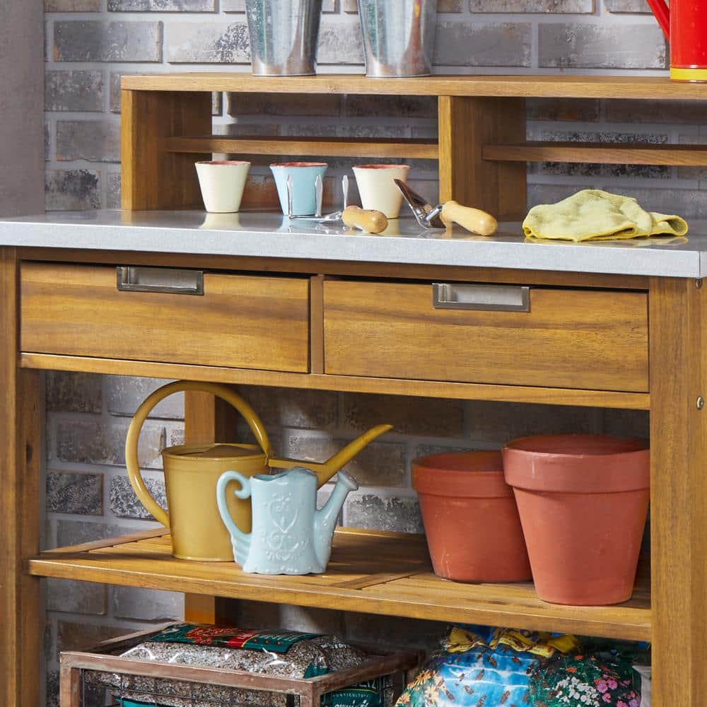 Maho Golden Teak Acacia Wood Potting Bench with Stainless Steel Top