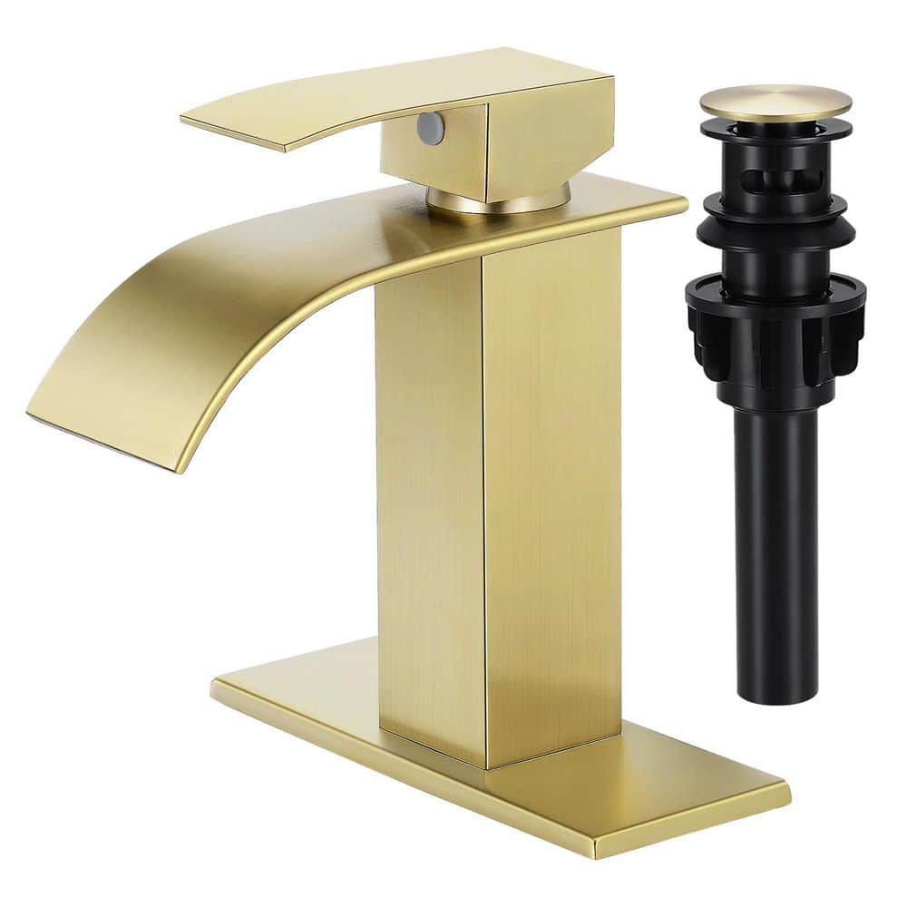 Waterfall Spout Single Handle Single Hole Bathroom Faucet with Deckplate and Pop-Up Drain in Brushed Gold price history on PriceWatchPro