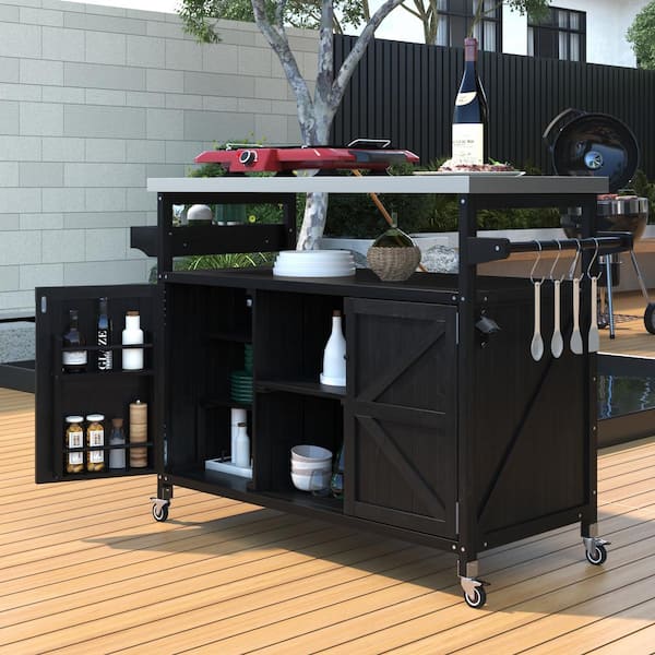 Farmhouse Black Stainless Steel 50 in. Outdoor Patio Grill Table Bar Cart Kitchen Island with Internal Storage Rack