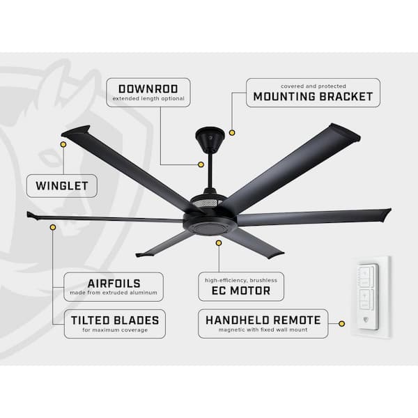 Mammoth 84 in. Smart Indoor/Outdoor Black Universal Mount Ceiling Fan with 12 in. Downrod 2700K LED Remote and Phone App
