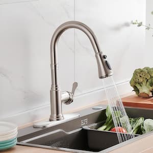 Single Handle Pull Down Sprayer Kitchen Faucet with Deckplate Gooseneck Swivel Spout in Brushed Nickel