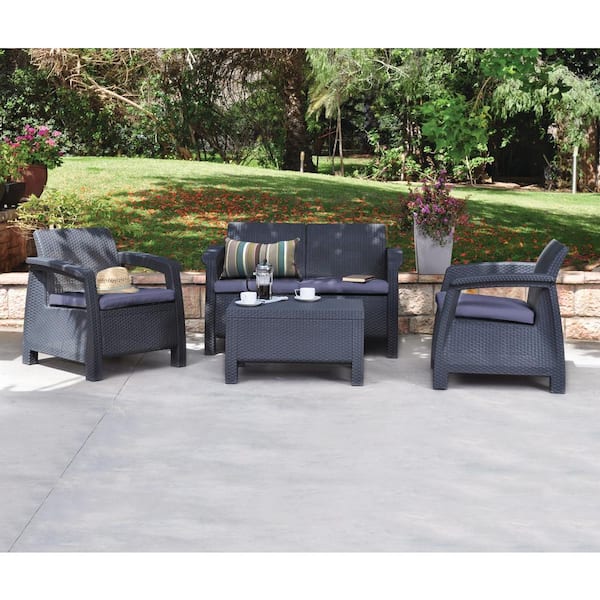 Charcoal Keter Corfu Love Seat All Weather Outdoor Patio Garden Furniture w/ Cushions