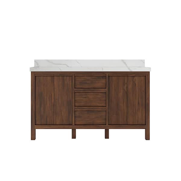 Willow Collections Elizabeth Teak 60 in. W x 22 in. D x 36 in. H Double Sink Bath Vanity in Dark Walnut with 2" Calacatta Laza Top