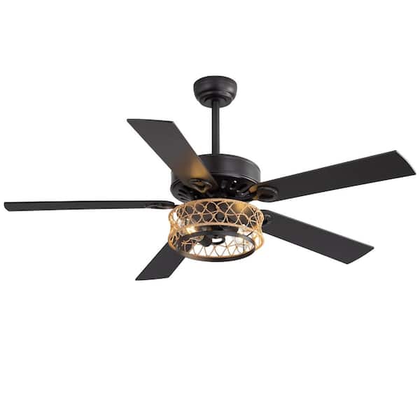 52 in. Indoor Black Farmhouse Dual Finish 6-Speed Downrod Modern Ceiling Fan with Light Kit and Remote Control