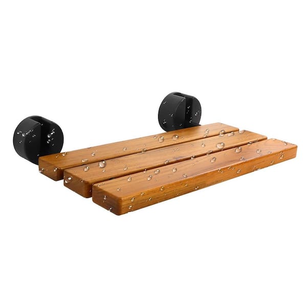 20 in. Wall Mounted Folding Teak Shower Seat in Black and Yellow, Fold Down Shower Bench, Teak Wood Stool