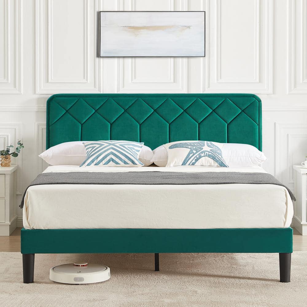 VECELO Bed Frame With Upholstered Headboard, Green Metal Frame Queen ...