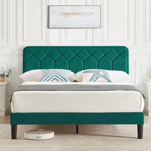 Bed Frame with Upholstered Headboard, Green Metal Frame Queen Platform Bed with Strong Frame and Wooden Slats Support