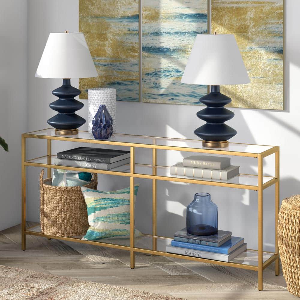 Golden Brass and Glass Rectangular Hallway Table with Storage