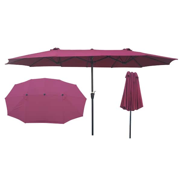 BANSA ROSE CoolSum 15 x 9 ft. Steel Push-Up Double-Sided Patio Umbrella in Burgundy with Crank and Wind Vents, UV-Resistant