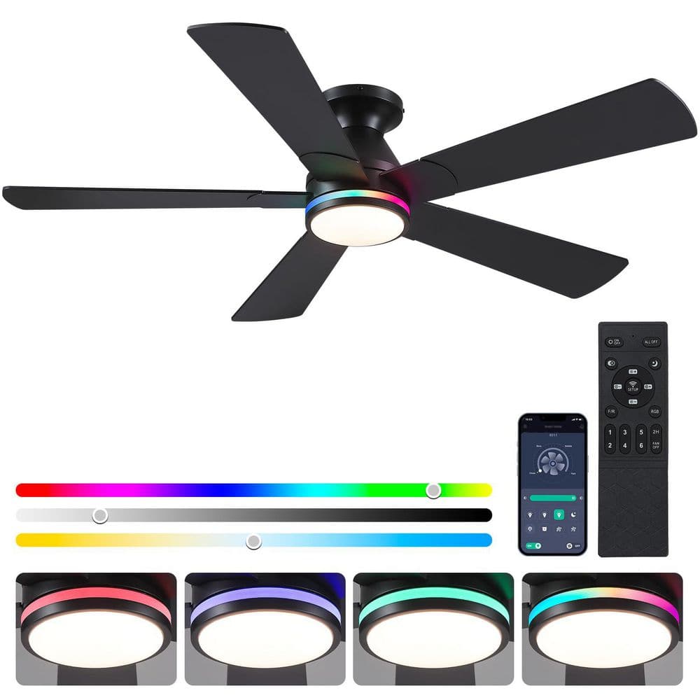 52 in. Indoor/Outdoor Modern Flush Mount Black Ceiling Fan with RGB Color LED Light and Remote/APP Control price history on PriceWatchPro