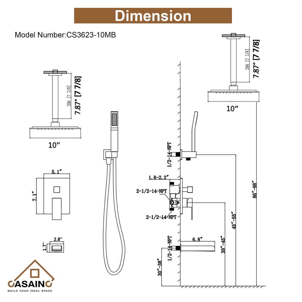 Matte Black 10-Inch Ceiling-Mounted Shower System with Handheld and Tub Filler
