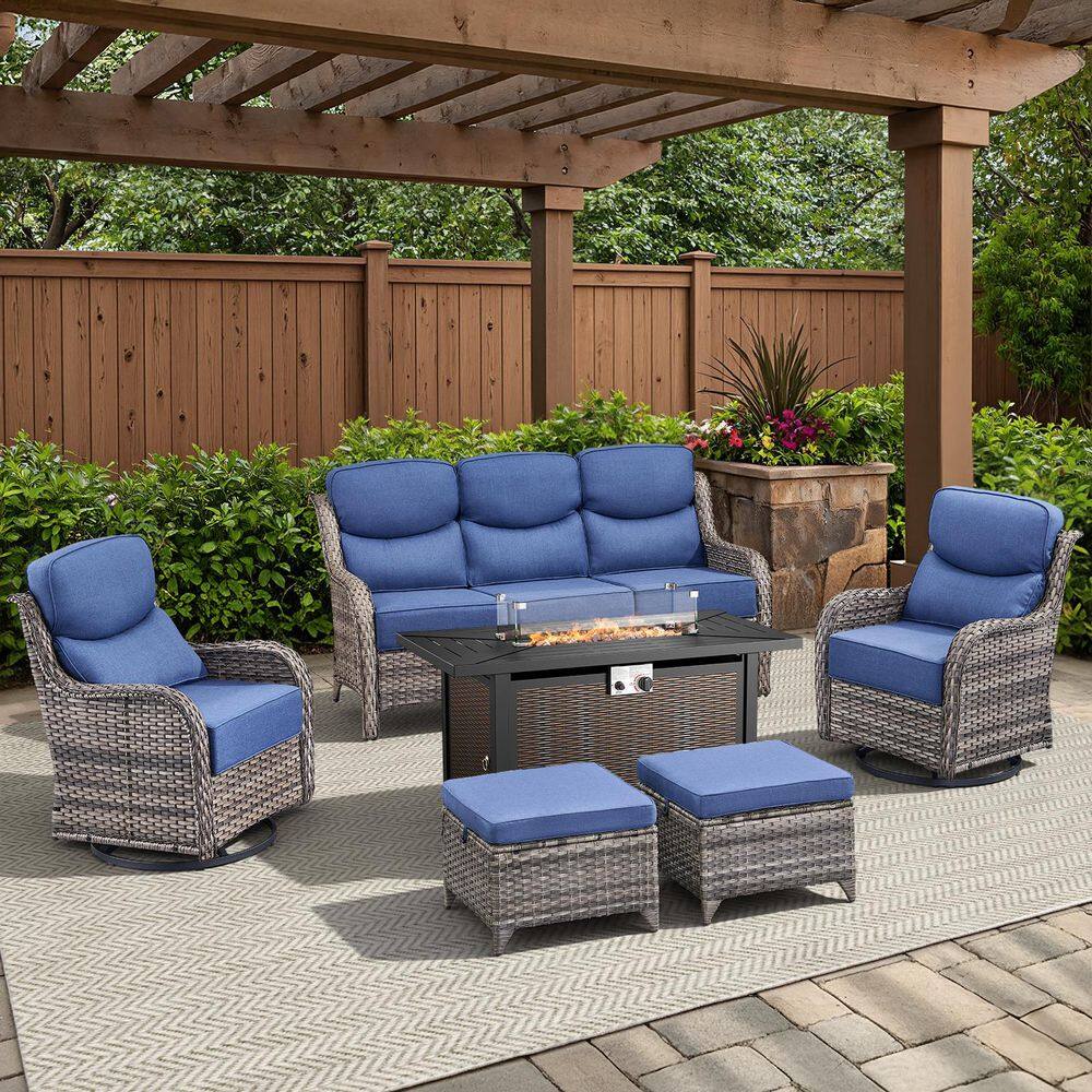 Arcadia Gray 6-Piece Wicker Outdoor Patio Fire Pit Deep Seating Set with 6-Inch Thick Navy Blue Cushions price history on PriceWatchPro