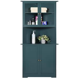 18 in. W x 35 in. D x 71 in. H Blue Corner Linen Cabinet Storage with Adjustable Shelves and Glass Doors in Blue