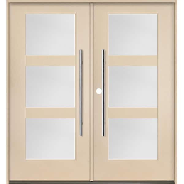 Krosswood Doors Modern Faux Pivot 72 in. x 80 in. Right-Active/Inswing 3Lite Satin Glass Unfinished Double Fiberglass Prehung Front Door