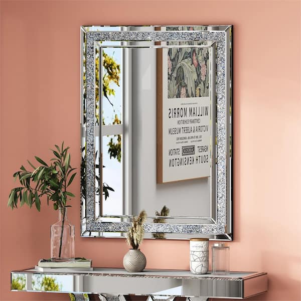 THKSHOUZ 24 in. W x 32 in. H Mirror Frame Silver Decorative Crystal Mirrors for Wall Rectangle Accent Mirror