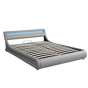 65.70 in. W Queen Upholstered Leather Platform bed in Gray with a Hydraulic Storage System, LED Light Headboard