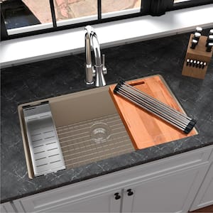 Bisque Quartz 32.5 in. Single Bowl Undermount Workstation Kitchen Sink