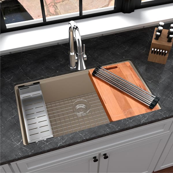 Bisque Quartz/Granite 32.5 in. Single Bowl Undermount Workstation Kitchen Sink