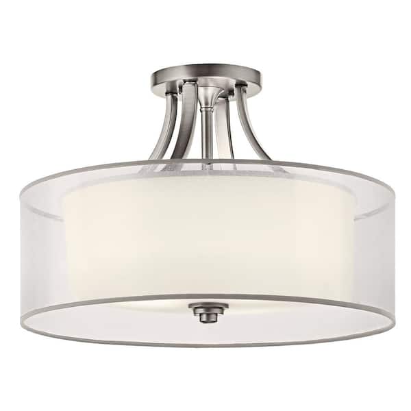 KICHLER Lacey 20 in. 4-Light Antique Pewter Hallway Transitional Semi-Flush Mount Ceiling Light with Organza Shade