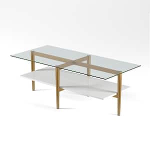 Mariana 47 in. Rectangle Gold Steel Glass Coffee Table with shelves