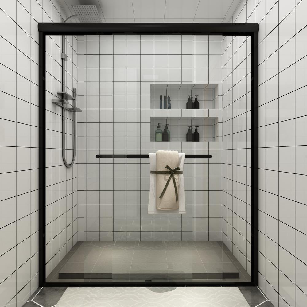 Black Double-Sliding Glass Shower Door with Stainless Steel Handles