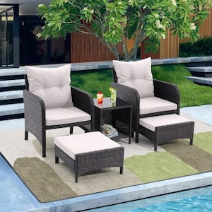 5-Piece Brown Wicker Patio Conversation Set with Beige Cushions, Armrest, Ottomans and Storage Coffee Table