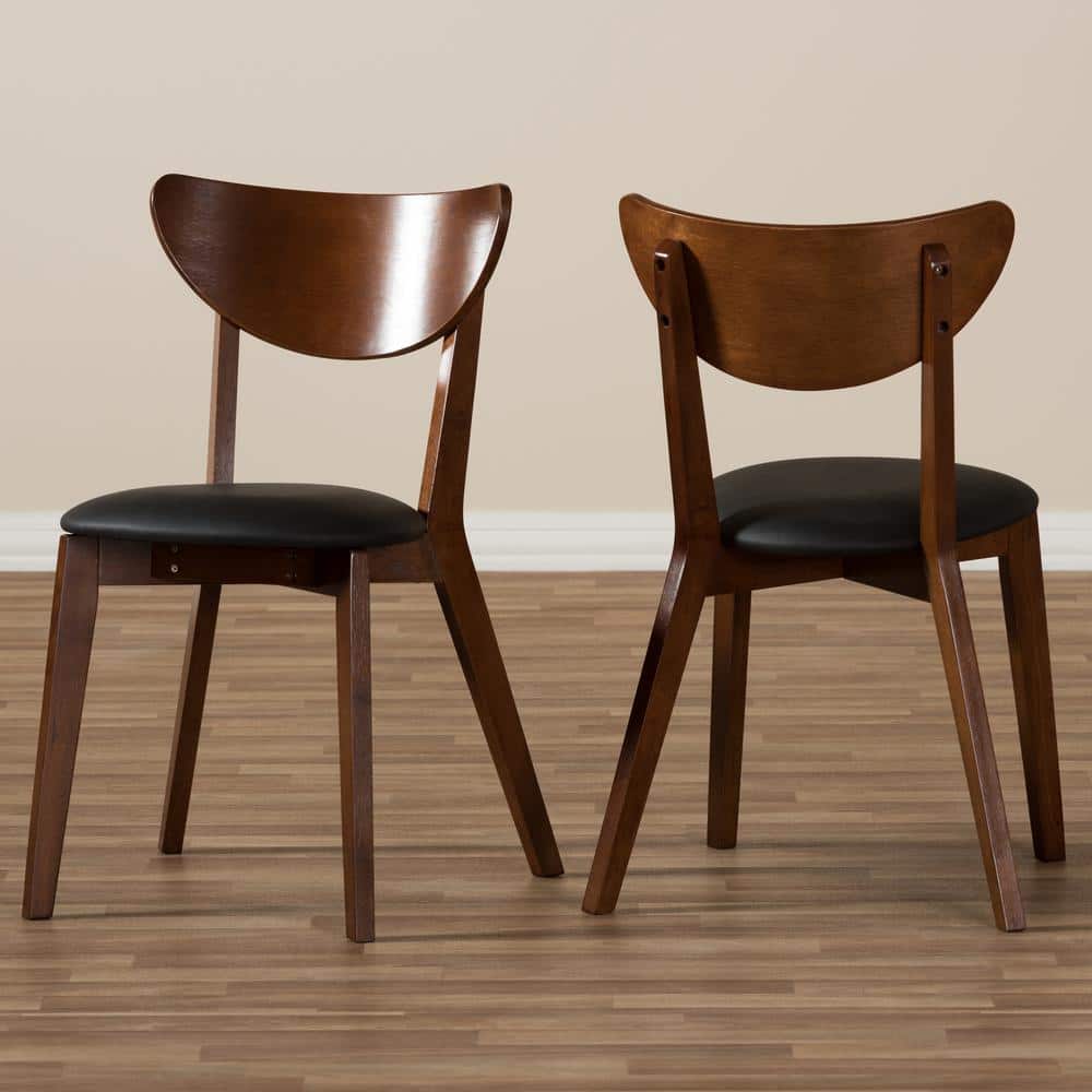 Set of 2 Black Faux Leather Walnut Dining Chairs